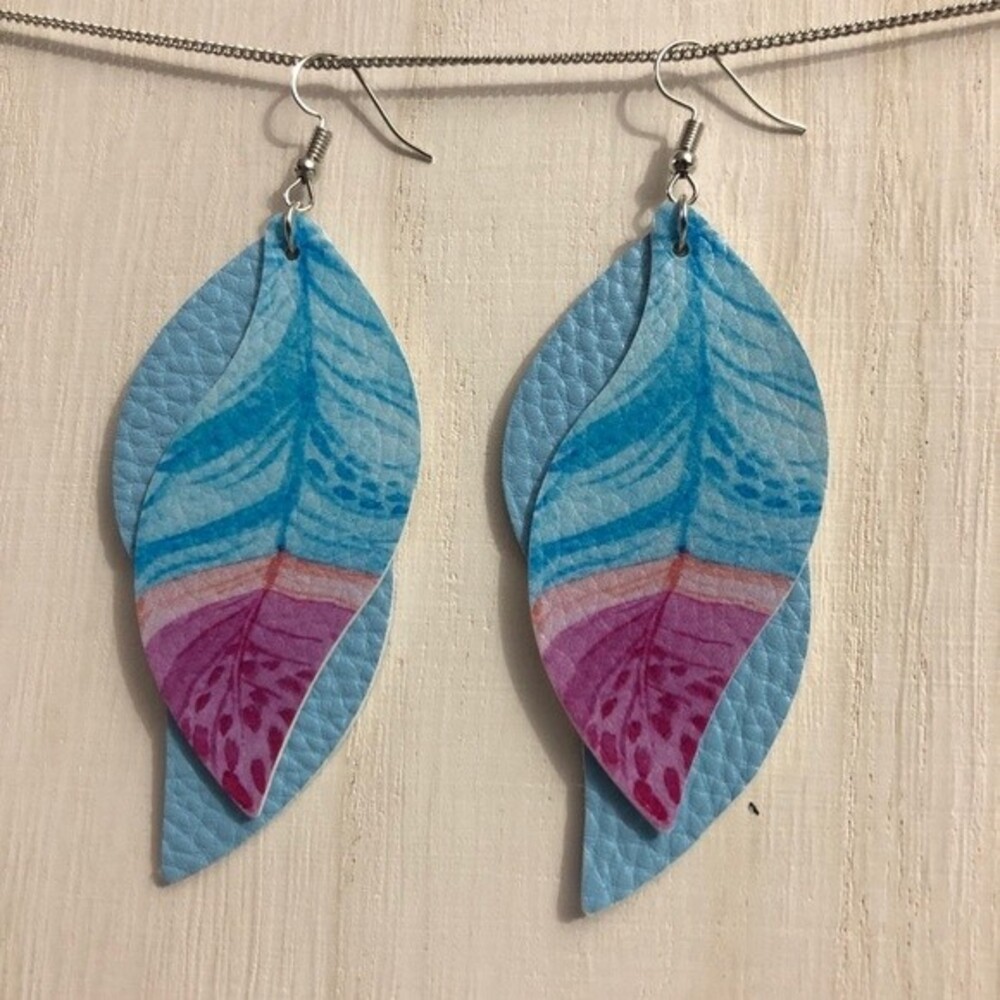 Blue & Pink Two Layer PU Leather Feather Leaf Earrings
